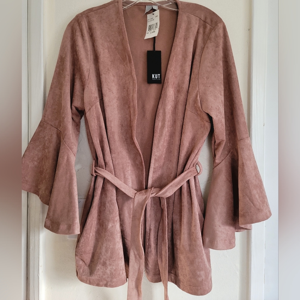 Kut From The Kloth Jacket Womens Size XL Pink Karina Sueded Bell Sleeve Belted